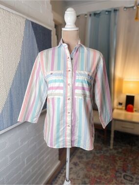 Cameo Rose 80s/90s Pastel and White Striped Snap Up Shirt